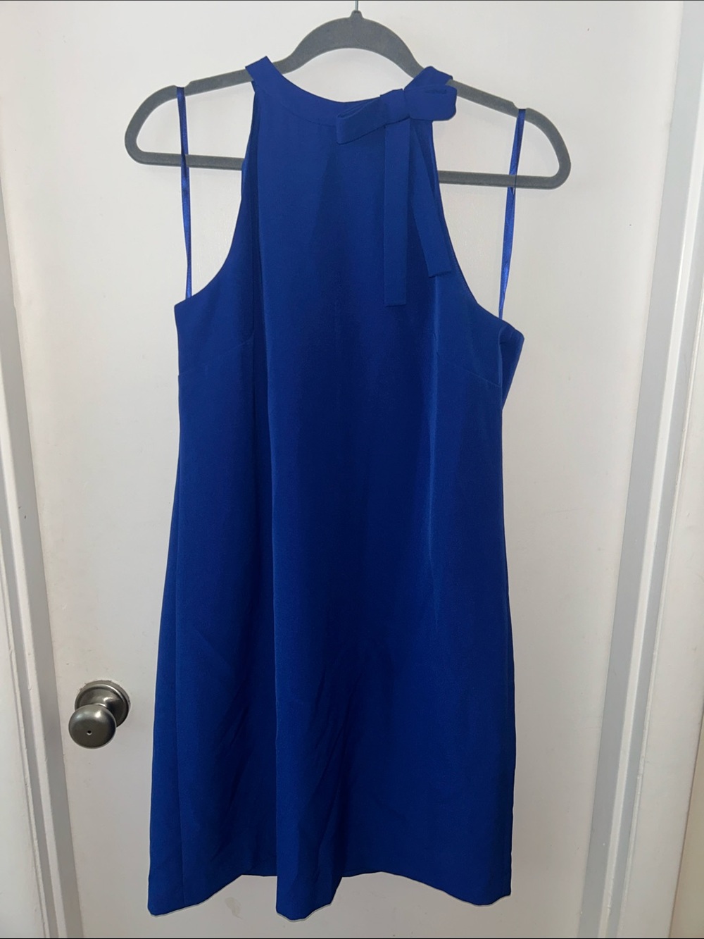 Maggy London Cobalt Blue Halter Shift Dress with Neck Bow Accent